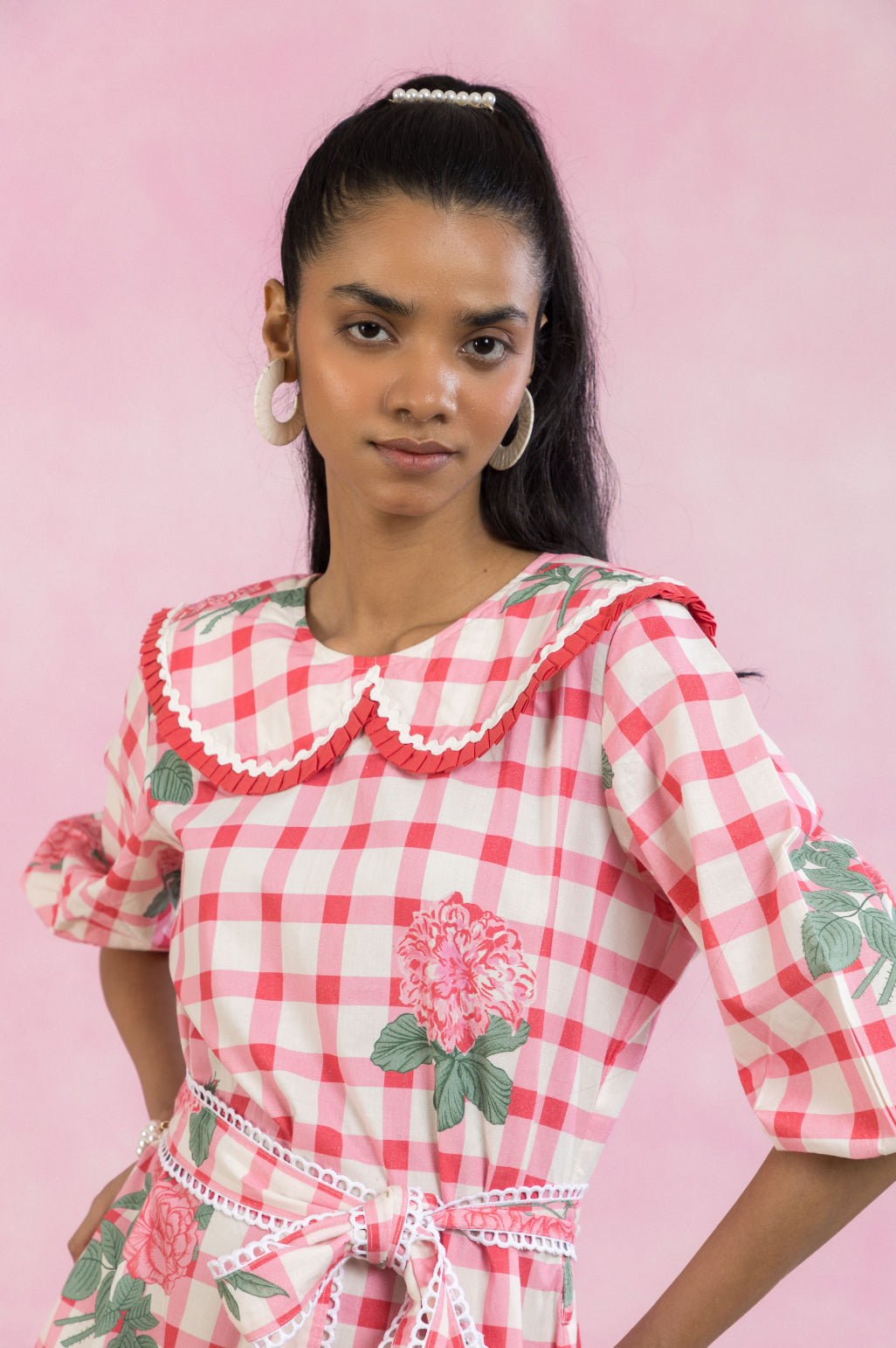 Gingham Bloom Peter Pan Collar Dress